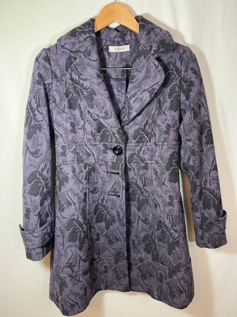 Romy Purple & Charcoal Floral Jacquard Pea Coat women’s size XS vintage piece